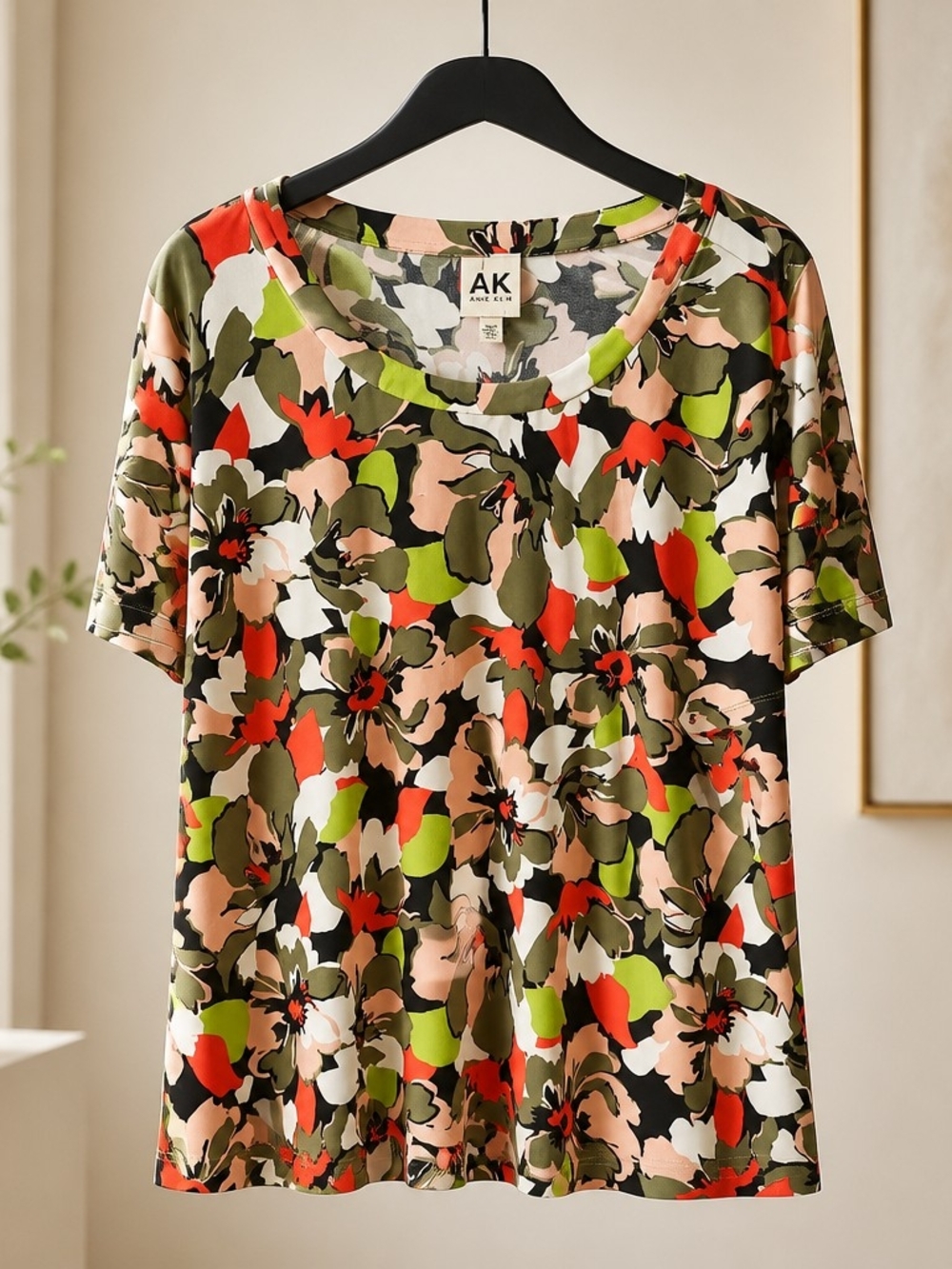 Anne Klein Olive Multi Floral Scoop Neck Tee
